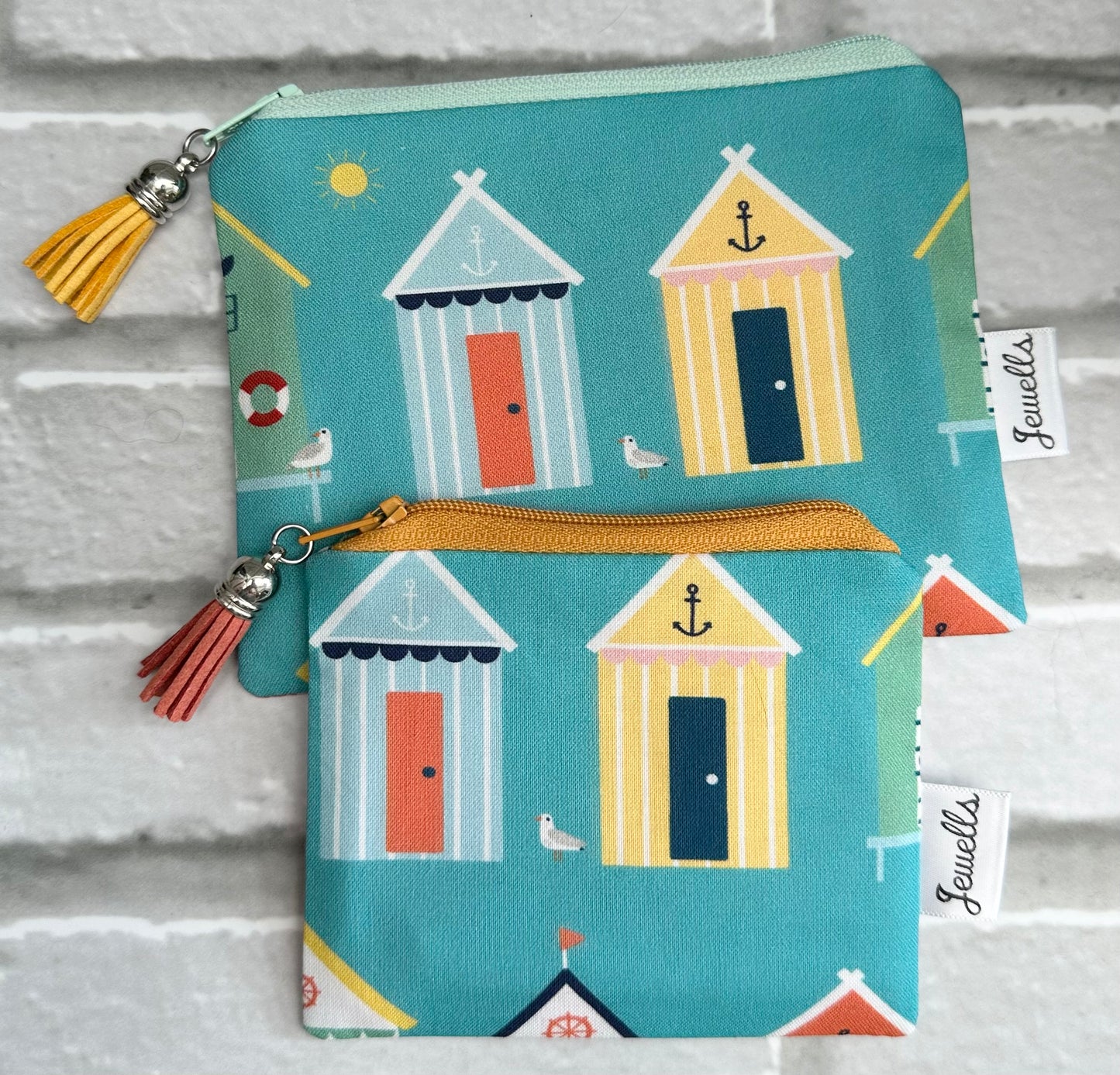 Beach Hut fabric purse pouch 2 sizes blue