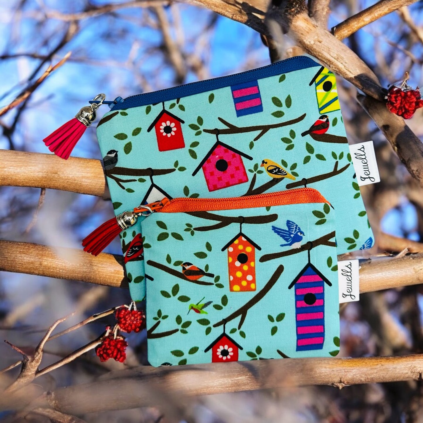 Birdhouse fabric purse pouch 2 sizes blue