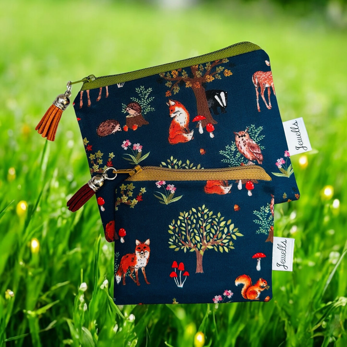 Wildlife fabric purse pouch 2 sizes navy deer fox